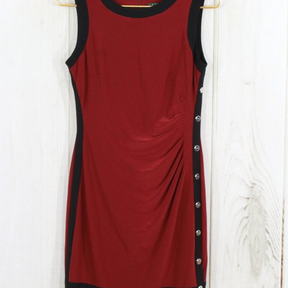 Ralph Lauren Red Sleeveless Snap Detailed Ruched Slimming Sheath Dress Size 4 - Picture 3 of 13